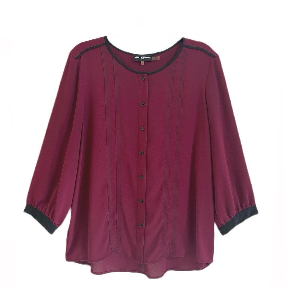 Karl Lagerfeld Women's Burgundy‎ Maroon Button Down 3/4 Sleeve Blouse Size XL